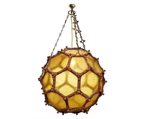 A LARGE GILT METAL AND YELLOW TINTED GLASS HALL LANTERN LATE 19TH CENTURYIn Gothic tasteApproximately 50cm DiameterCondition 