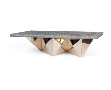 A ZIGZAG COFFEE TABLEBY PIERRE GIRAUDON (B. 1923)Crackled resin top on a nickel plated zigzag base49cm high, 200cm wide, 60cm