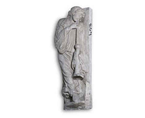 A PLASTER MODEL OF A YOUNG MUSICIAN19TH CENTURYPainted to simulate stone, portrayed fully draped, playing a trumpet, with bla