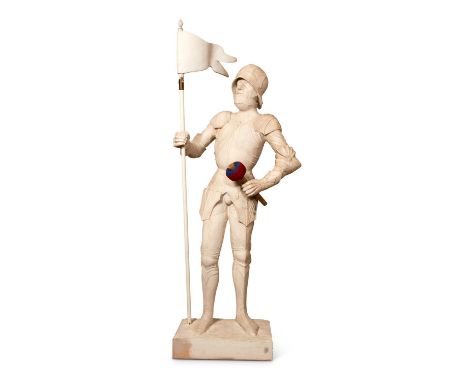 A PLASTER MODEL OF A KNIGHT20TH CENTURYStanding in full armour and holding a flagThe figure approximately life sized, the int