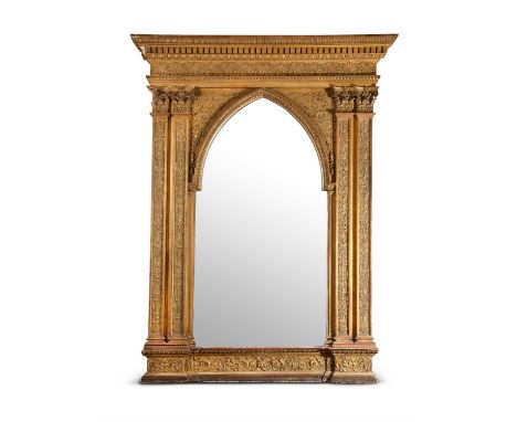 A SUBSTANTIAL GILTWOOD AND COMPOSITION OVERMANTEL WALL MIRROREARLY 19TH CENTURYOf neo-classical architectural form, with flan