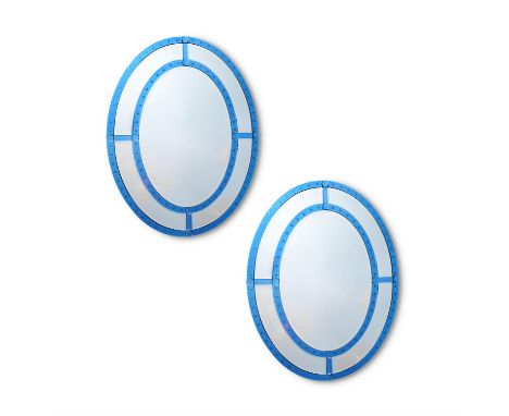 A PAIR OF BLUE AND CLEAR GLASS VENETIAN MARGINAL WALL MIRRORSBY A MODERN GRAND TOURThe border plates in blue glass, oval185cm