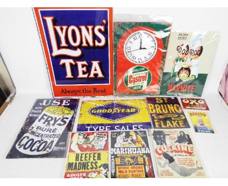 A collection of vintage enamel style signs.
