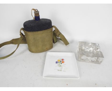 Lot to include a glass ashtray, XL Art Picasso dish, military water canteen.