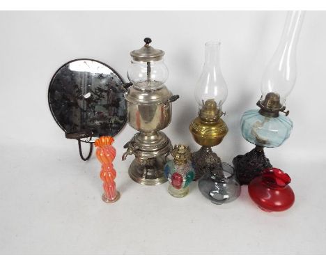 Lott to include oil lamp parts, wall mountable mirrored candle stand, vintage Manning, Bowman &amp; Co coffee maker and other