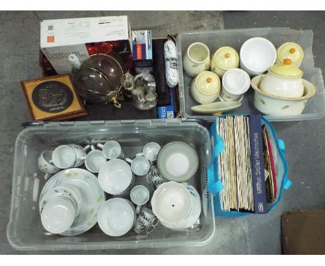 Lot comprising ceramics, table lamp, bottle of Bacardi, Selangor Pewter and similar, three boxes and a collection of vinyl re