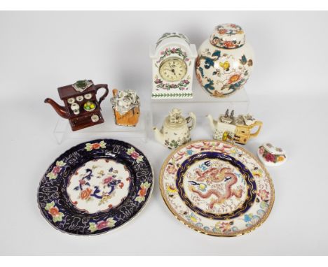 A small collection of mixed ceramics to include four small Portmeirion novelty teapots and a ceramic cased clock, two limited