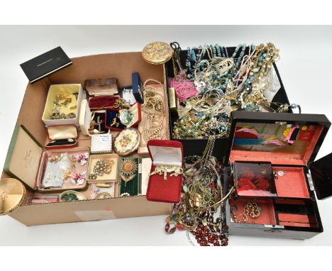 A BOX OF ASSORTED COSTUME JEWELLERY AND ITEMS, to include a box of beaded necklaces, brooches, bracelets, rings, earrings etc