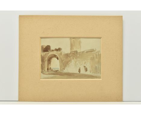 CIRCLE OF DAVID ROBERTS (1796-1864) AN UNFINISHED SKETCH, depicting figures beside the wall of a grand building, an archway t