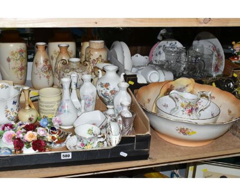 THREE BOXES OF CERAMICS AND GLASSWARE, to include a quantity of Crown Devon 'Blush Ivory' vases, a Royal Crown Derby 'Chaffin