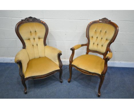 TWO REPRODUCTION VICTORIAN STYLE MAHOGANY ARMCHAIRS, with mustard yellow button back upholstery, on front cabriole legs, larg