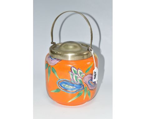 A CLARICE CLIFF CYLINDRICAL BISCUIT BARREL, in Lei pattern, with stylised flowers on an orange ground, plated lid and handle,