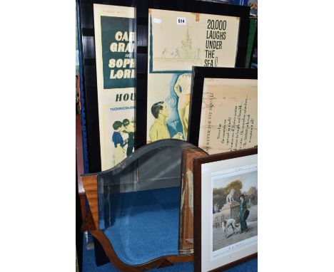 FRAMED REPRODUCTION FILM POSTERS AND A MIRROR, comprising 20,000 Laughs Under the Sea, featuring Cary Grant and Tony Curtis, 