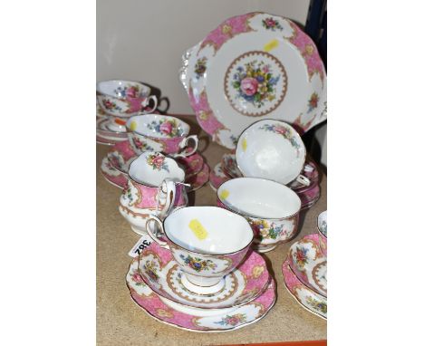 A ROYAL ALBERT 'LADY CARLISLE' PATTERN TEA SET, comprising milk jug, sugar bowl, cake plate, six cups, six saucers, six tea p