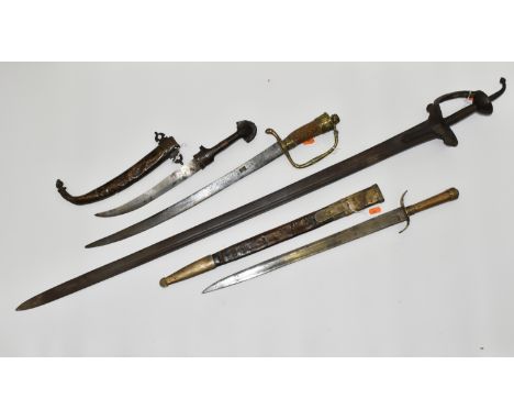 FOUR VARIOUS SWORDS AND KNIVES , comprising a poor quality knife with a double edged blade knife of Jambiya design with a 9½'