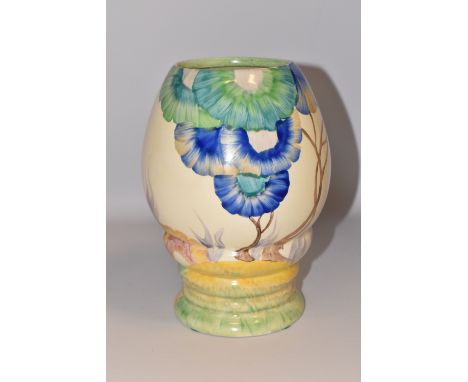 A CLARICE CLIFF RHODANTHE PATTERN VASE, shape no 362, the bulbous body painted with blue, green, yellow and pink flowers, the