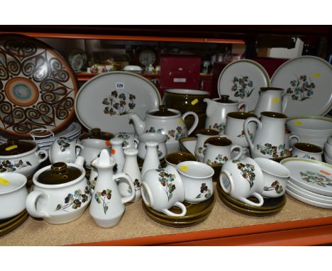 A QUANTITY OF DENBY 'SHAMROCK' DESIGN DINNERWARE, comprising a large teapot, coffee pot, two small jugs, one large jug, a gob