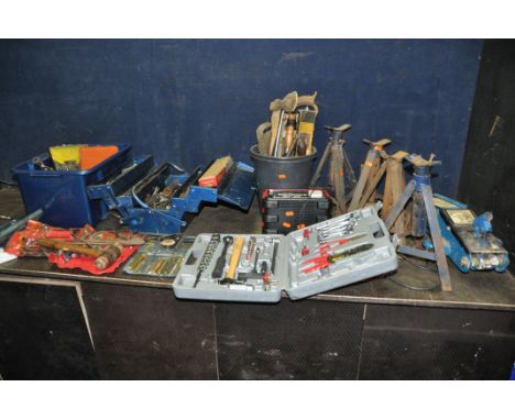 A QUANTITY OF AUTOMOTIVE TOOLS including a trolley jack (no bar) four axle stands, spanners,  sockets, grips, hammers, a hide