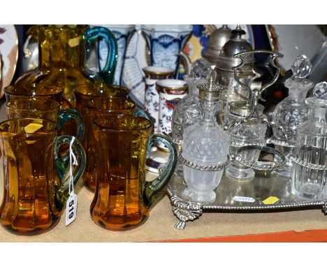 A GROUP OF CERAMICS, GLASS AND METAL WARES, comprising a late nineteenth/early twentieth century five piece amber and blue gl