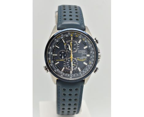 A GENTS 'CITIZEN ECO-DRIVE' CHRONOGRAPH WRISTWATCH, blue dial signed 'Citizen Eco-Drive, Radio Controlled, World Chronograph 