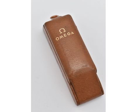 AN 'OMEGA' WATCH BOX, brown leather hinged box signed 'Omega', button clasp, with cushion interior