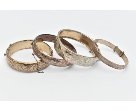 FOUR BANGLES, to include two silver foliage pattern hinged bangles, both fitted with push button clasps, with additional safe