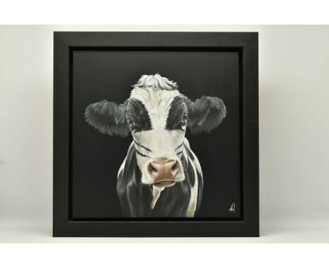 HAYLEY GOODHEAD (BRITISH CONTEMPORARY) 'THE CATMAN', a portrait of a black and white cow, initialled bottom right, oil on can
