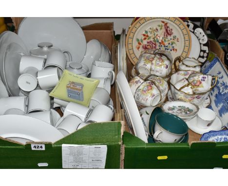 TWO BOXES OF DINNERWARE,  to include a quantity of German 'Thomas' white and silver gilt dinnerware, six blue and white Gibso