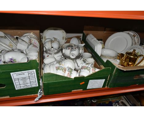 THREE BOXES OF CERAMICS, to include a dark green and gold set of six coffee mugs, saucers, cream jug and sugar bowl, Marlboro