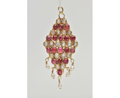 A YELLOW METAL GEM SET PENDANT, lozenge shape pendant set with alternating rows of circular cut rubies and circular cut colou