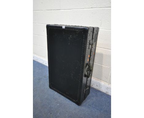 AN UNBRANDED BLACK PAINTED VINTAGE WARDROBE TRUNK, width 53cm x depth 23cm x height 88cm (condition report: over painted, sur