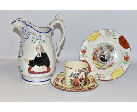 FIVE PIECES OF EARLY TO MID 19TH CENTURY WESLEY INTEREST POLYCHROME POTTERY, comprising a late Georgian creamware mug, printe