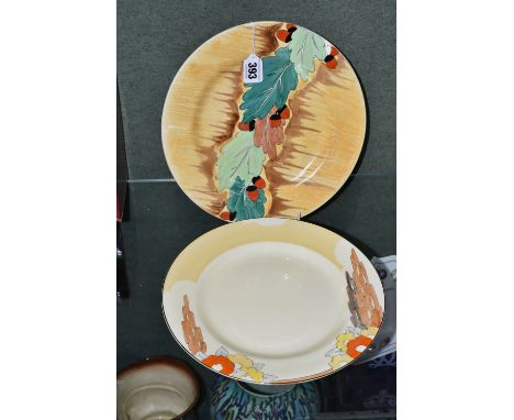 TWO CLARICE CLIFF DINNER PLATES, from her Bizarre range for Wilkinson Ltd, one in 'Orange Capri' pattern, the other in 'Acorn