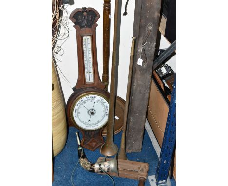 A BAROMETER, COACHING/HUNTING HORNS, A RATTLE AND A WARMING PAN, comprising a horn, brass and plate hunting horn, with plaque