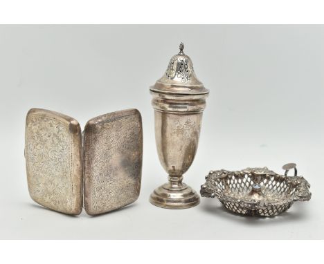 THREE ITEMS OF SILVER, to include a silver cigarette case, engraved foliage pattern with vacant cartouche, push button clasp,