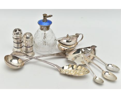 A SELECTION OF ITEMS, to include a mustard with blue glass liner, hallmarked Birmingham, an Old English pattern sauce ladle, 
