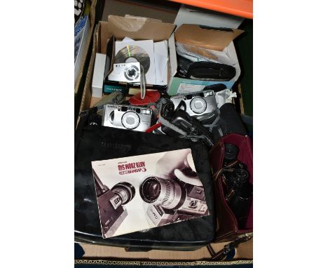 ONE BOX OF CAMERA EQUIPMENT, to include a Canon Super 8 Auto Zoom 518 camera with case, a pair of field binoculars 8x42, a Ca