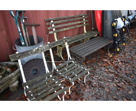 A WROUGHT AND TEAK GARDEN TRESTLE BENCH, length 140cm, along with a trestle bench, and two slatted chairs (condition report: 