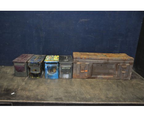ONE LARGE AND FOUR SMALLER AMMUNITION BOXES , large width66cm depth 24cm height 24cm, smaller width 15cm depth 30cm height 18