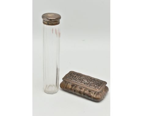A SILVER TRINKET BOX AND GLASS VILE, embossed floral hinged trinket box, vacant cartouche, gilt interior, hallmarked 'Henry M