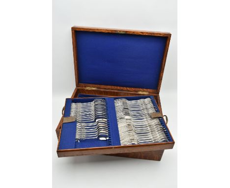 A LATE 19TH CENTURY OAK CASED THREE TIER CANTEEN OF LATE 19TH AND EARLY 20TH SILVER FLATWARE BY ELKINGTON &amp; CO, hourglass