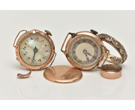 TWO MID 20TH CENTURY 9CT GOLD WATCH HEADS AND A RING, the first manual wind, round mother of pearl dial, polished case, insid