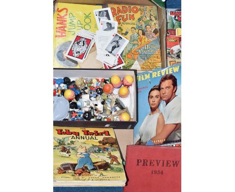 A BOX OF CERAMIC FIGURES, TOYS AND BOOKS, to include eight Robertsons Jam figures, Wade Whimsies including seven Lady and the