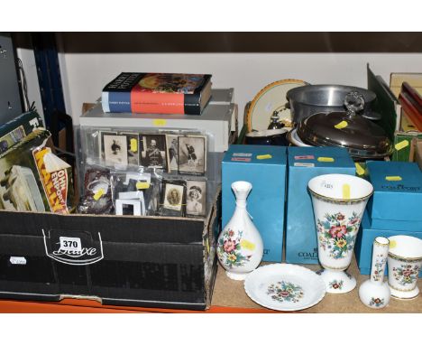 TWO BOXES OF MISCELLANEOUS SUNDRIES, to include five boxed pieces of Coalport 'Ming Rose' pattern giftware, a stainless steel