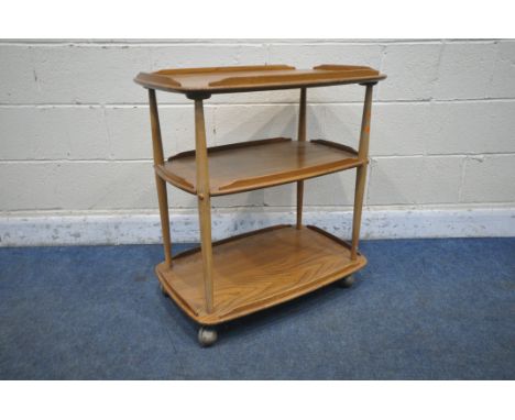 LUCIAN ERCOLANI FOR ERCOL, A MODEL 458 ELM AND BEECH THREE TIER TEA TROLLEY, width 72cm x depth 46cm x height 77cm (condition