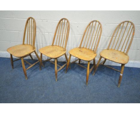 A SET OF FOUR ERCOL STYLE ELM AND BEECH QUAKER BACK CHAIRS, model 365 (condition report: all in need of restoration, due to s