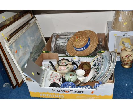 TWO BOXES OF CERAMICS, FRAMED WATERCOLOURS, PRINTS AND GLASSWARE, to include an Apple iPad 16GB, model A1395 (untested),  Cop