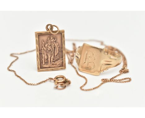 A 9CT GOLD SIGNET RING AND A 9CT GOLD NECKLACE, a rectangular form signet with monogram engraving, hallmarked 9ct Birmingham 