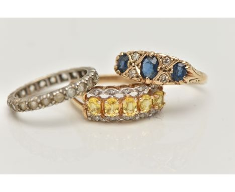 THREE GEMSET RINGS, the first three oval cut sapphires with single cut diamond accents, prong set in 9ct yellow gold, hallmar