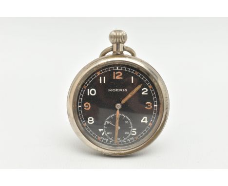 A MILITARY 'MOERIS' OPEN FACE POCKET WATCH, manual wind, round black dial signed 'Moeris', Arabic numerals, worn luminescence